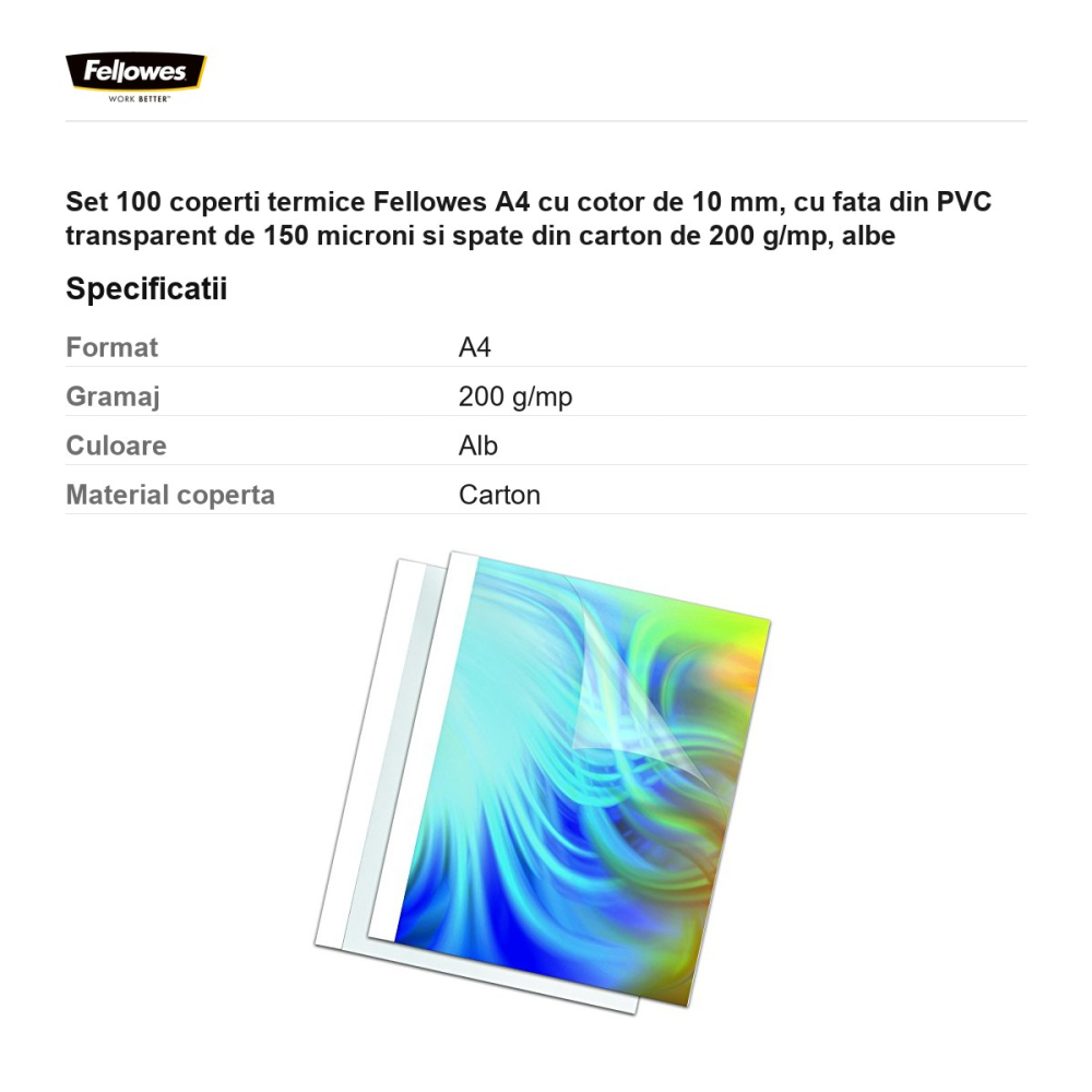 Set 100 coperti termice Fellowes A4 cu cotor de 10 mm, cu fata din PVC transparent de 150 microni si spate din carton de 200 g/mp, albe [3]