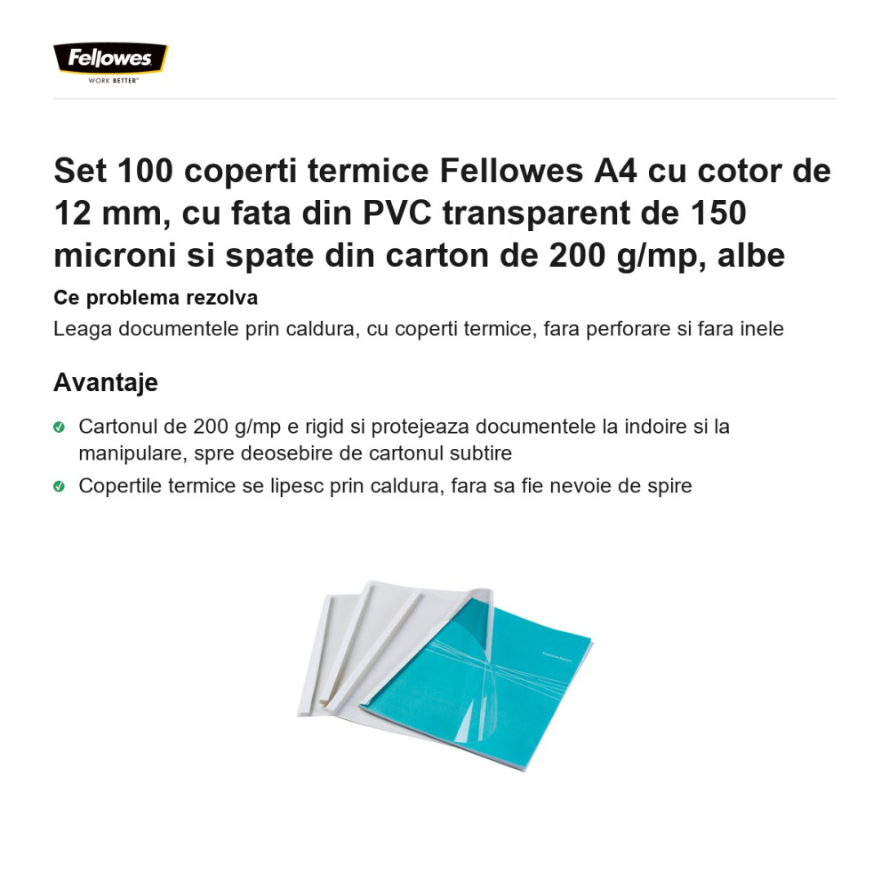 Set 100 coperti termice Fellowes A4 cu cotor de 12 mm, cu fata din PVC transparent de 150 microni si spate din carton de 200 g/mp, albe [2]