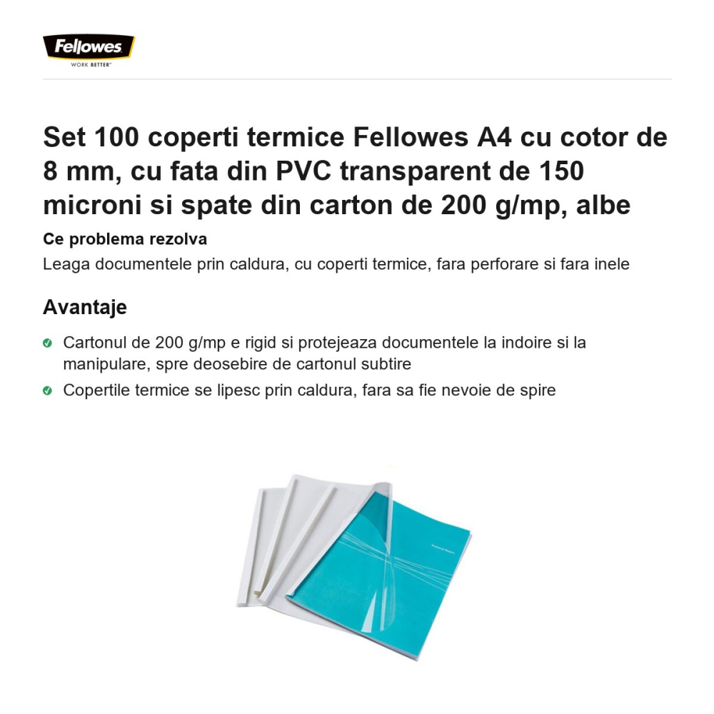 Set 100 coperti termice Fellowes A4 cu cotor de 8 mm, cu fata din PVC transparent de 150 microni si spate din carton de 200 g/mp, albe [2]