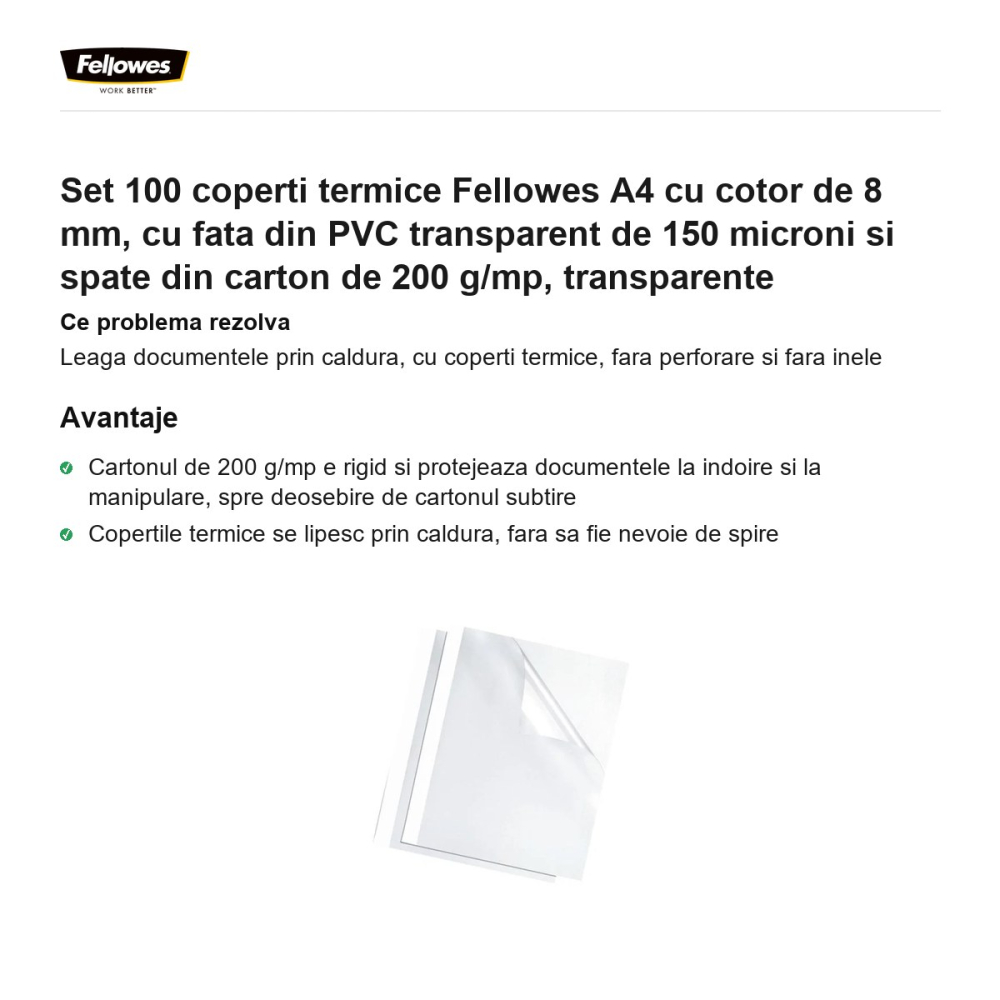 Set 100 coperti termice Fellowes A4 cu cotor de 8 mm, cu fata din PVC transparent de 150 microni si spate din carton de 200 g/mp, transparente [2]