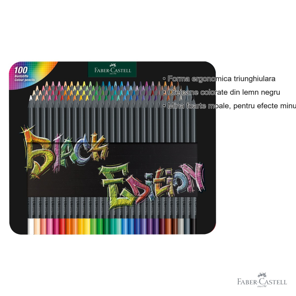 Set 100 creioane colorate Faber-Castell Black Edition, mina foarte moale, cutie metalica, editie profesionala [3]
