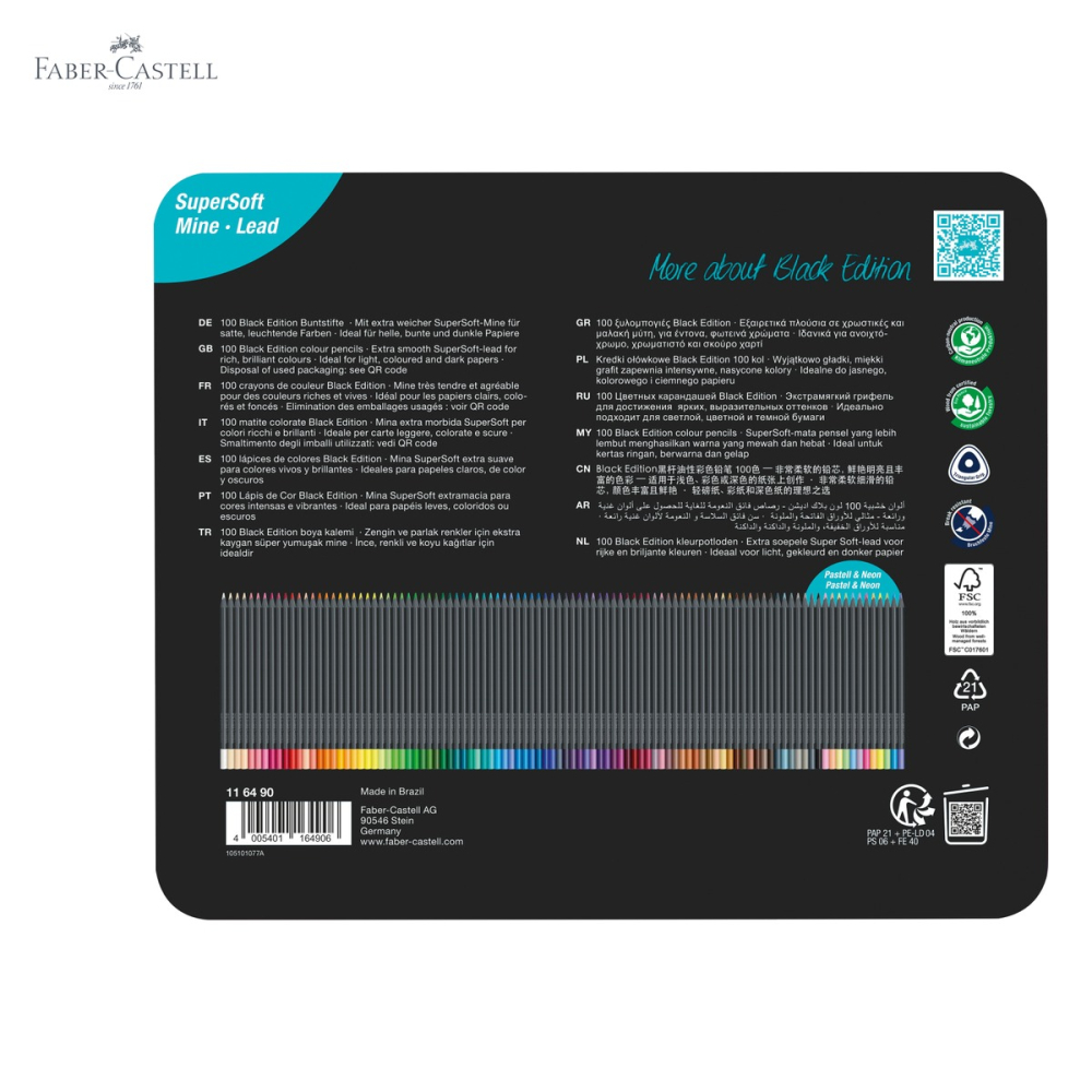 Set 100 creioane colorate Faber-Castell Black Edition, mina foarte moale, cutie metalica, editie profesionala [5]