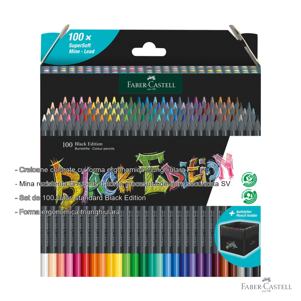 Set 100 creioane colorate Faber-Castell Black Edition, mina supermoale, forma triunghiulara ergonomica, pentru desen artistic [2]