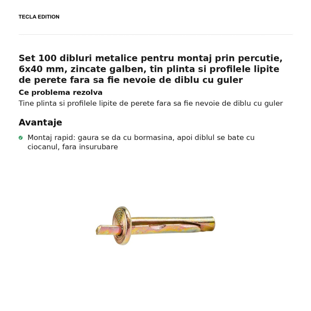 Set 100 dibluri metalice pentru montaj prin percutie, 6x40 mm, zincate galben, tin plinta si profilele lipite de perete fara sa fie nevoie de diblu cu guler [2]