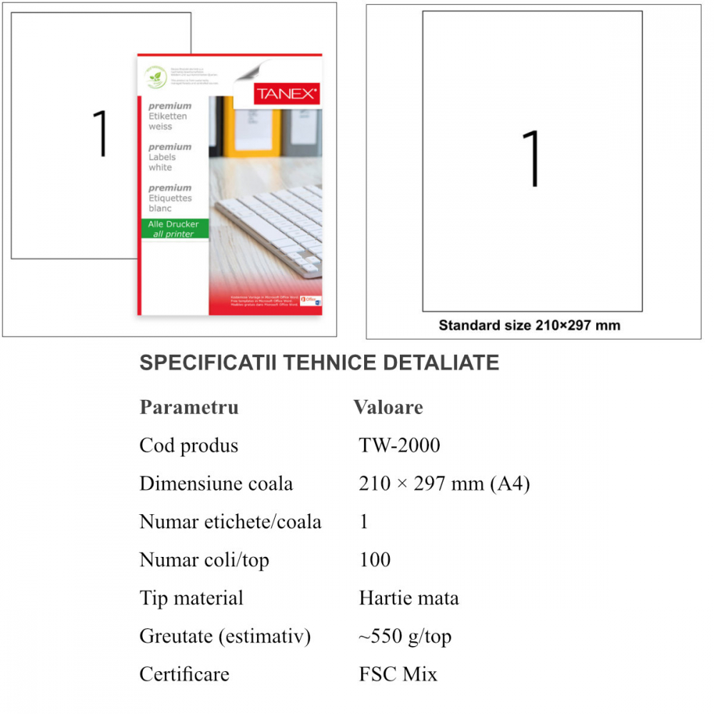 Set 100 etichete autoadezive 210 x 297 mm, albe, colturi drepte, 100 coli format A4, Tanex TW-2000, o eticheta pe coala, pentru imprimante laser si inkjet [3]