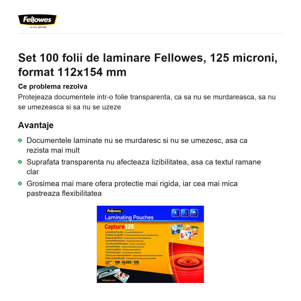 Set 100 folii de laminare Fellowes, 125 microni, format 112x154 mm [2]
