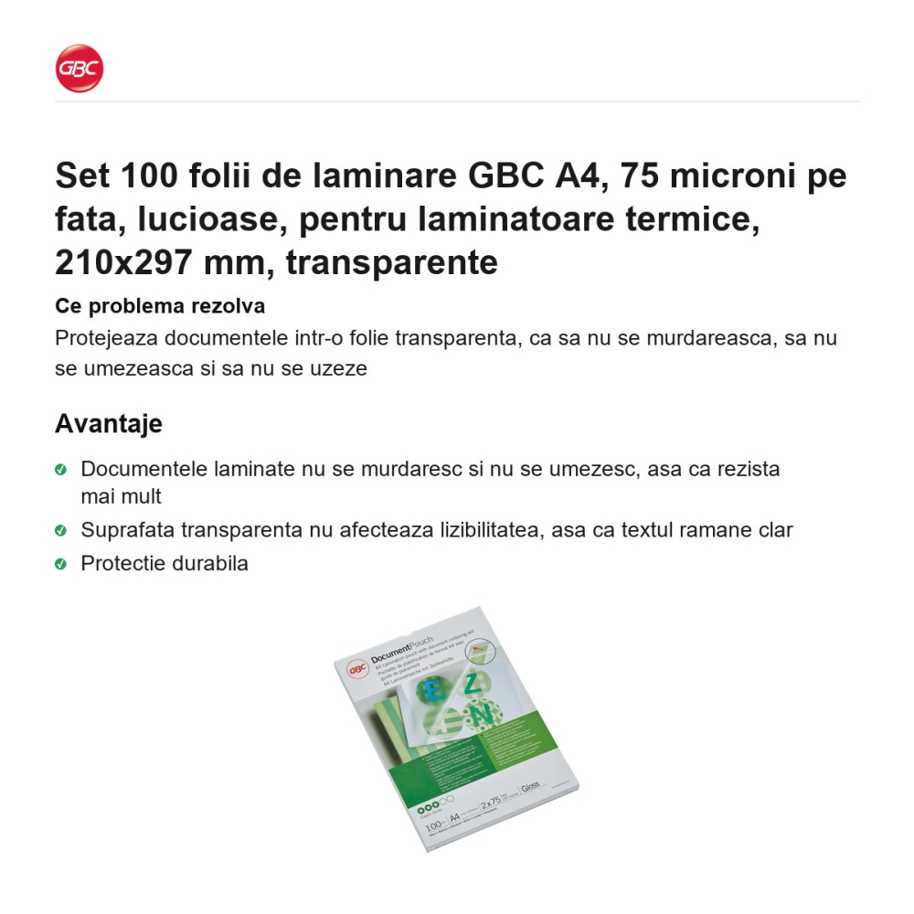 Set 100 folii de laminare GBC A4, 75 microni pe fata, lucioase, pentru laminatoare termice, 210x297 mm, transparente [2]