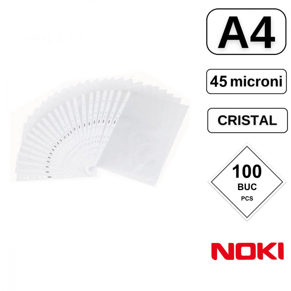 Set 100 folii de protectie A4 cu deschidere superioara, 45 microni, Noki, suprafata cristal, perforate [2]