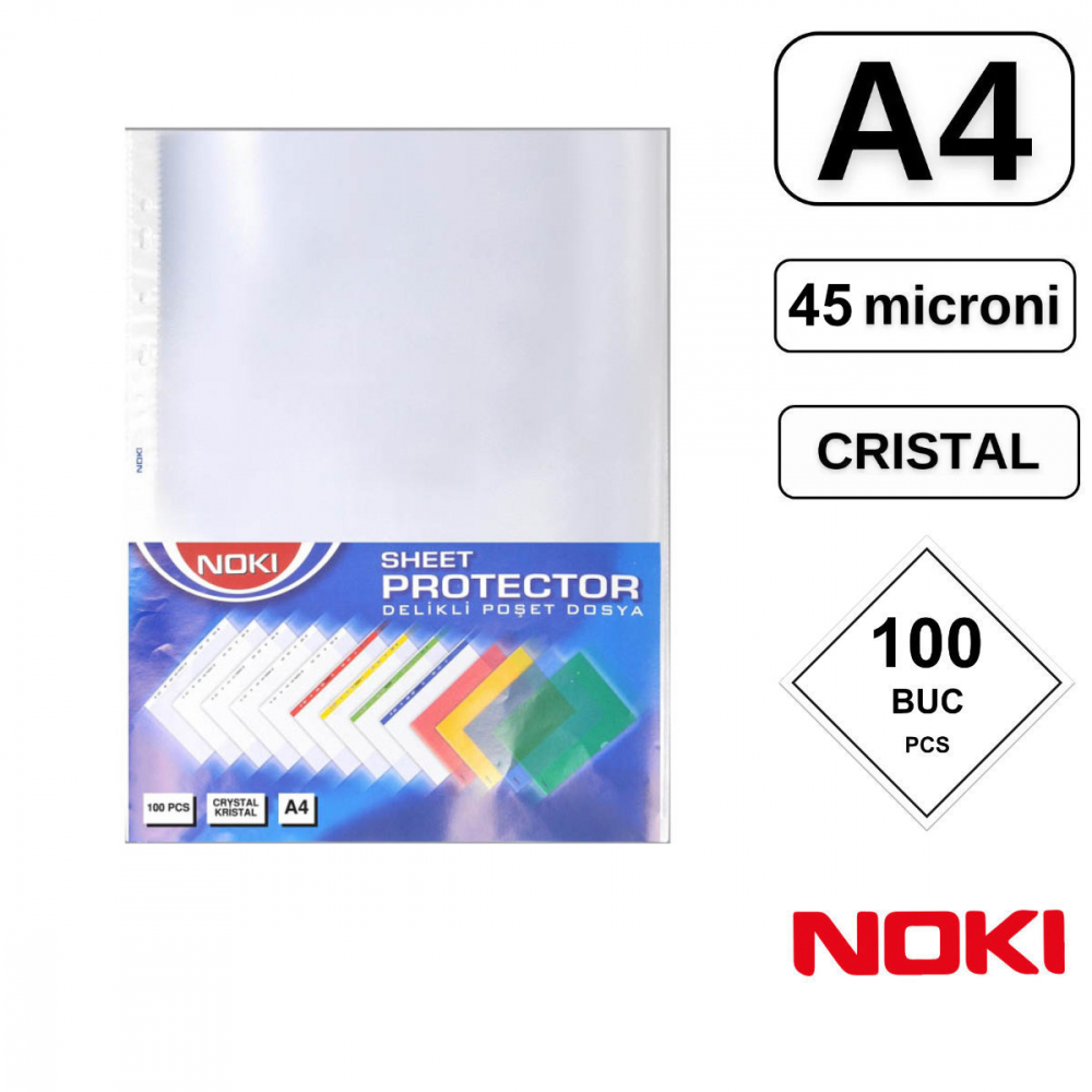 Set 100 folii de protectie A4 cu deschidere superioara, 45 microni, Noki, suprafata cristal, perforate [3]