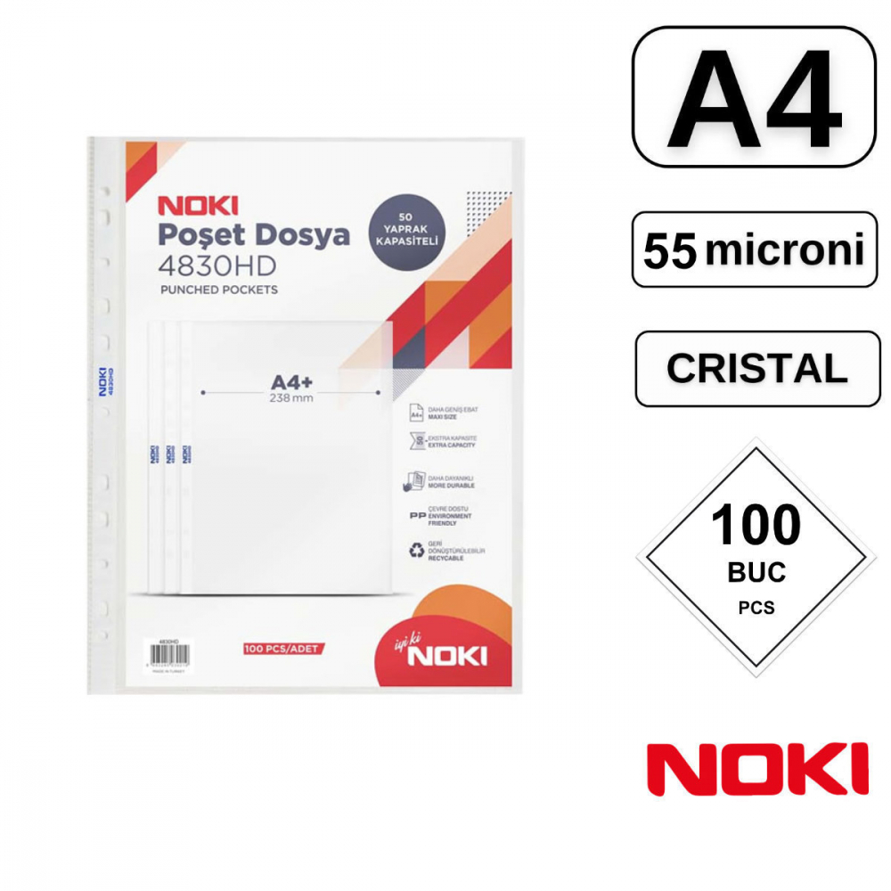 Set 100 folii de protectie A4 cu deschidere superioara, 55 microni, Noki White Edge, suprafata cristal HD, perforate, capacitate extinsa [2]