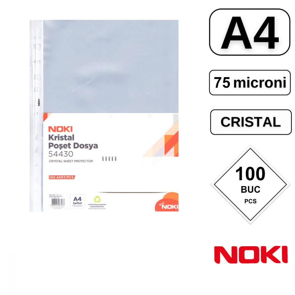 Set 100 folii de protectie A4 cu deschidere superioara, 75 microni, Noki, suprafata cristal, perforate [2]
