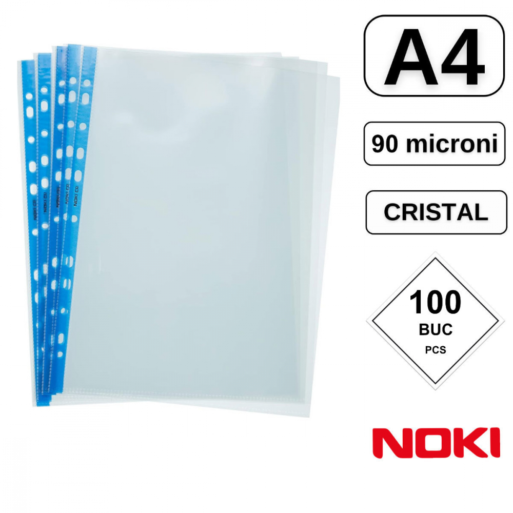 Set 100 folii de protectie A4 cu deschidere superioara, 90 microni, Noki Blue Edge, suprafata cristal, perforate [2]