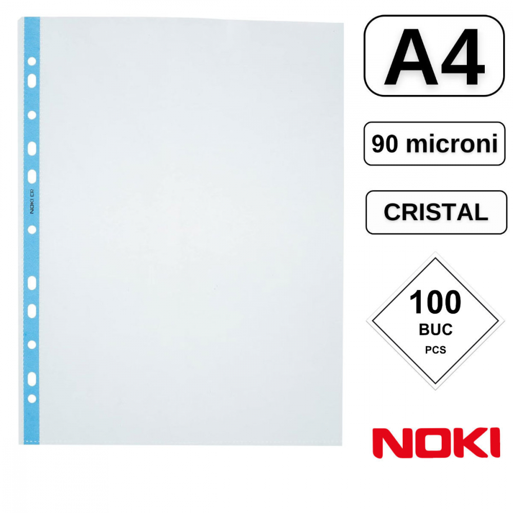 Set 100 folii de protectie A4 cu deschidere superioara, 90 microni, Noki Blue Edge, suprafata cristal, perforate [3]
