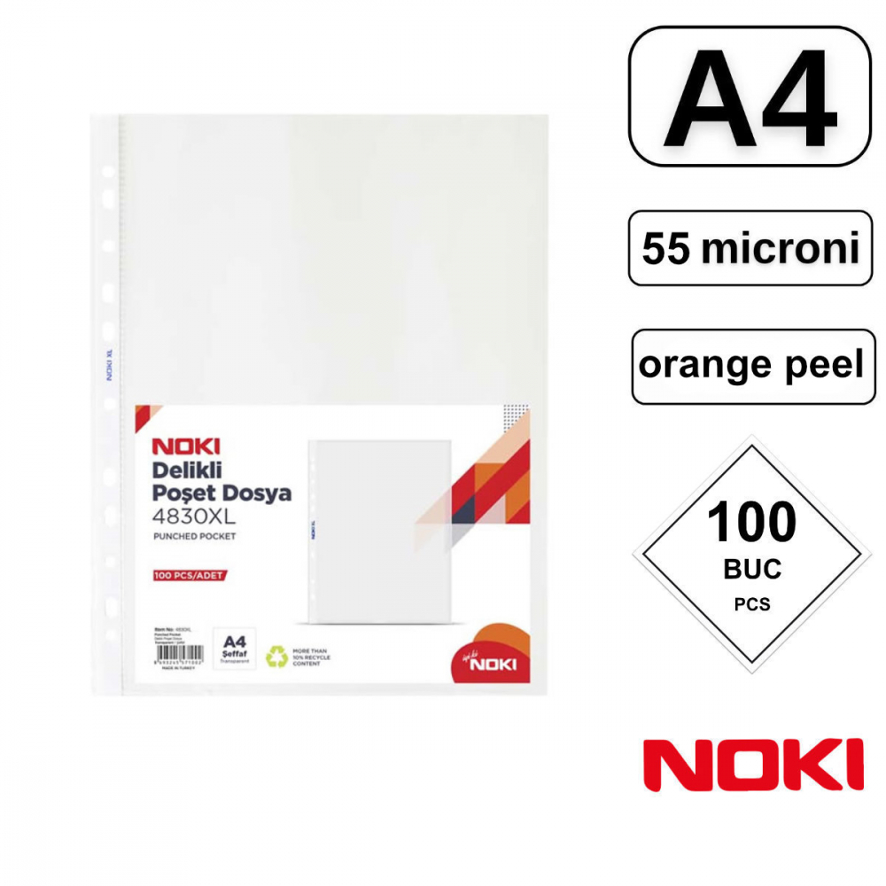 Set 100 folii de protectie A4 XL cu deschidere superioara, 55 microni, Noki 4830XL, suprafata orange peel, perforate [2]