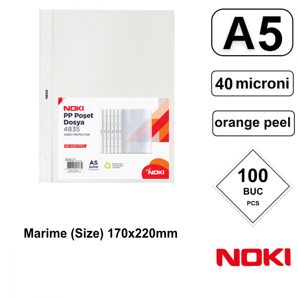 Set 100 folii de protectie A5 cu deschidere superioara, 40 microni, Noki, suprafata orange peel [3]