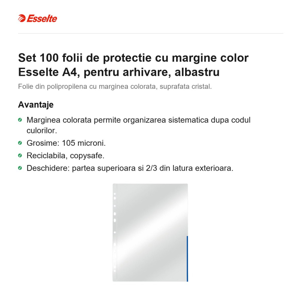 Set 100 folii de protectie cu margine color Esselte A4, pentru arhivare, albastru [2]