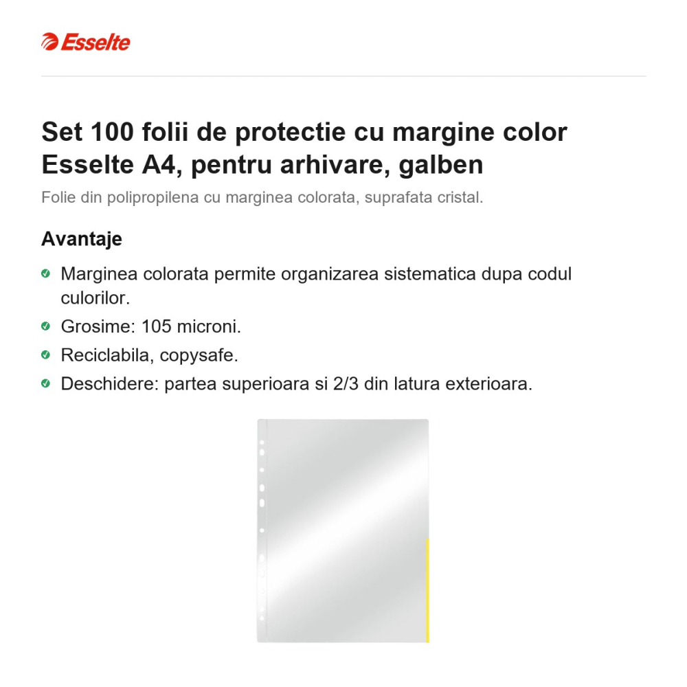 Set 100 folii de protectie cu margine color Esselte A4, pentru arhivare, galben [2]
