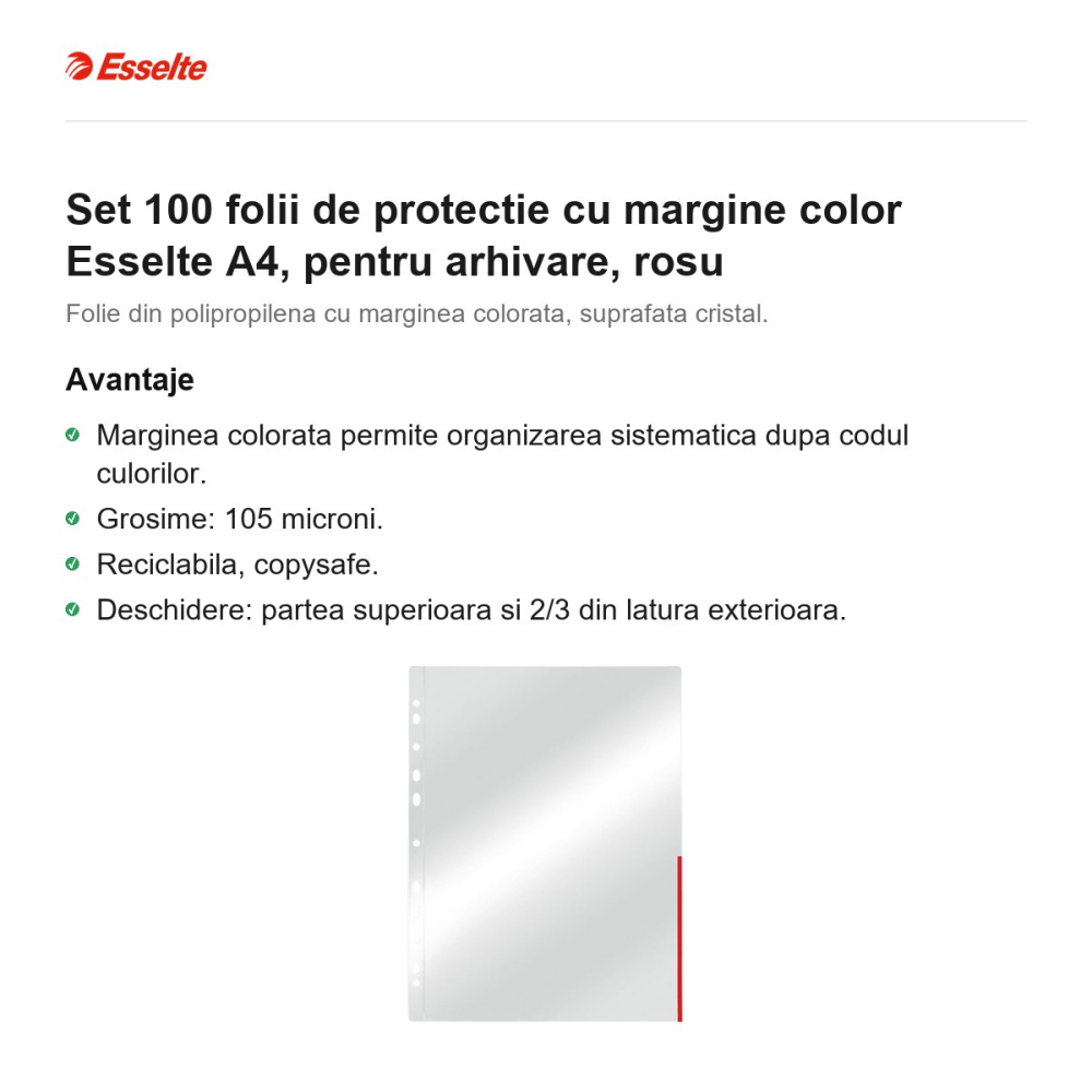Set 100 folii de protectie cu margine color Esselte A4, pentru arhivare, rosu [2]
