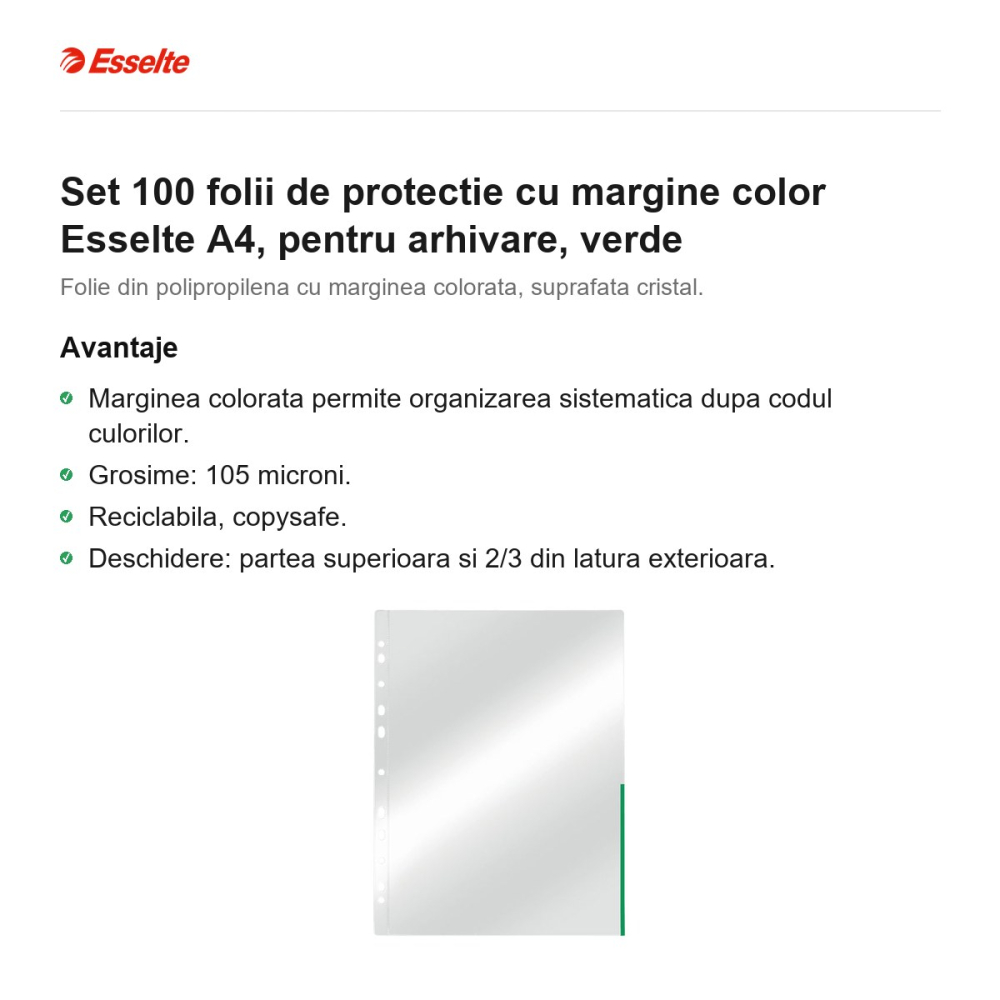 Set 100 folii de protectie cu margine color Esselte A4, pentru arhivare, verde [2]