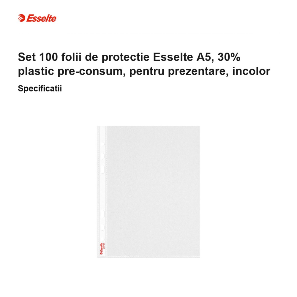 Set 100 folii de protectie Esselte A5, 30% plastic pre-consum, pentru prezentare, incolor [3]