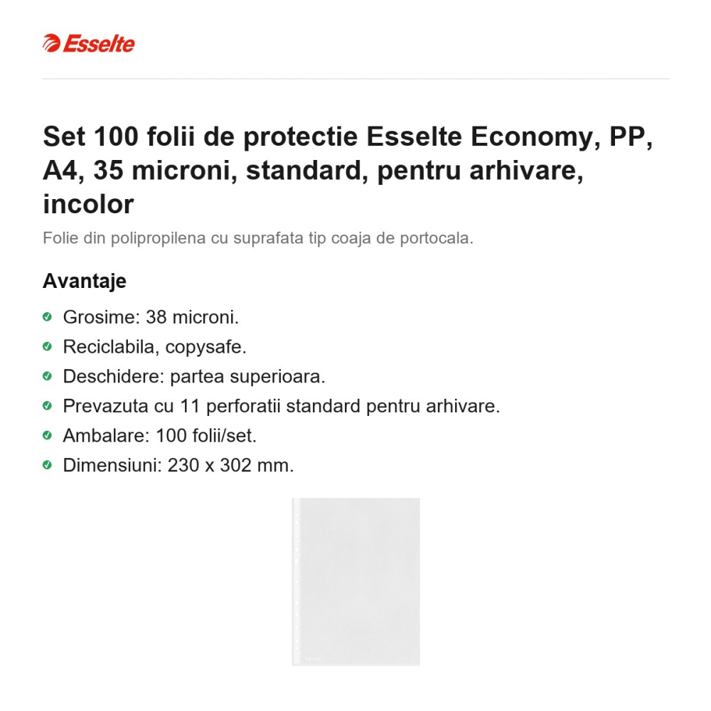 Set 100 folii de protectie Esselte Economy, PP, A4, 35 microni, standard, pentru arhivare, incolor [2]
