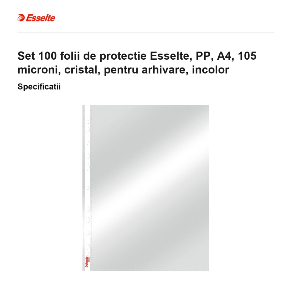 Set 100 folii de protectie Esselte, PP, A4, 105 microni, cristal, pentru arhivare, incolor [3]