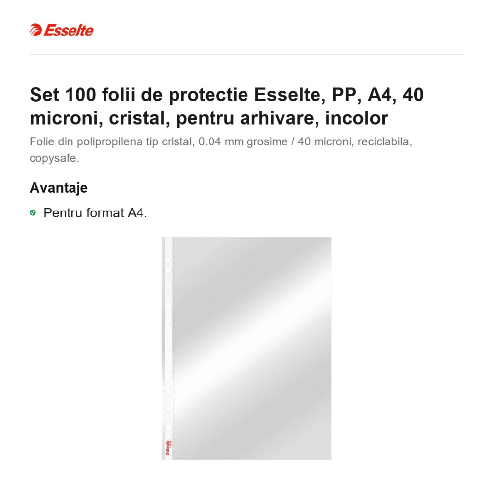 Set 100 folii de protectie Esselte, PP, A4, 40 microni, cristal, pentru arhivare, incolor [2]