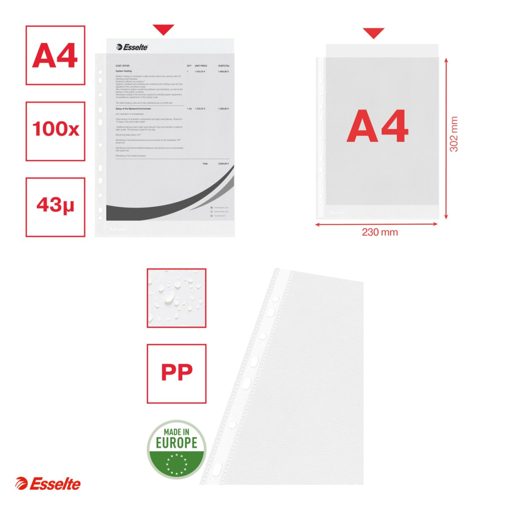 Set 100 folii de protectie Esselte, PP, A4, 43 microni, standard, pentru arhivare, incolor [4]
