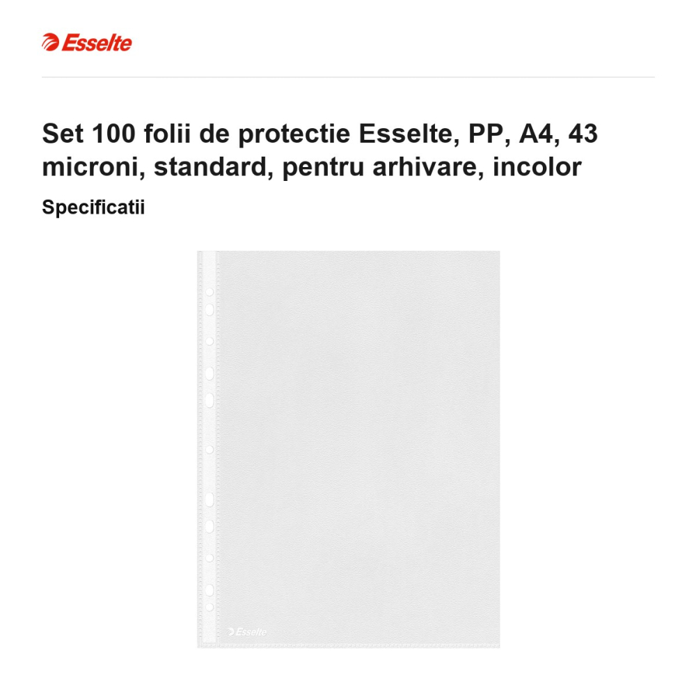 Set 100 folii de protectie Esselte, PP, A4, 43 microni, standard, pentru arhivare, incolor [3]