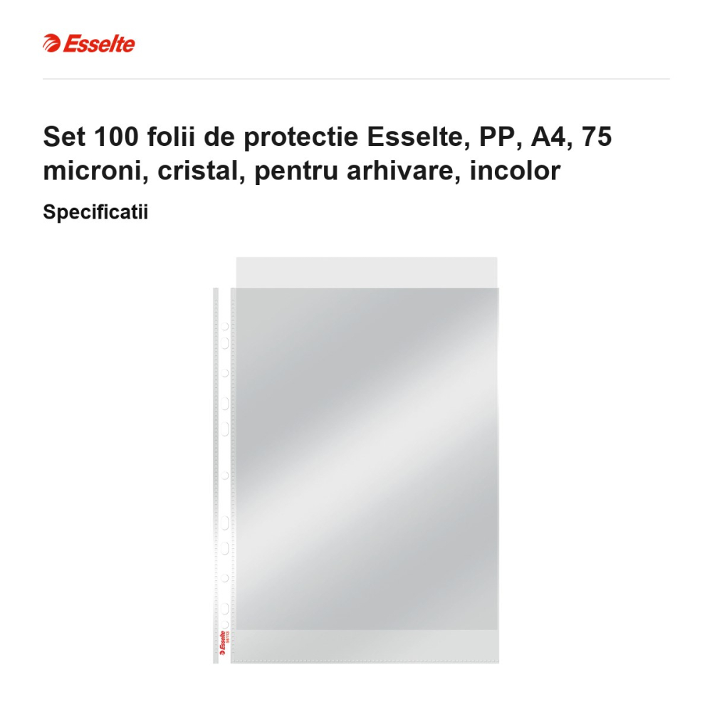 Set 100 folii de protectie Esselte, PP, A4, 75 microni, cristal, pentru arhivare, incolor [3]