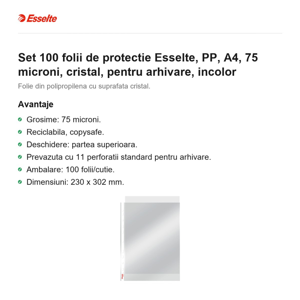 Set 100 folii de protectie Esselte, PP, A4, 75 microni, cristal, pentru arhivare, incolor [2]