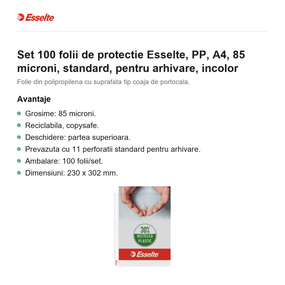 Set 100 folii de protectie Esselte, PP, A4, 85 microni, standard, pentru arhivare, incolor [2]