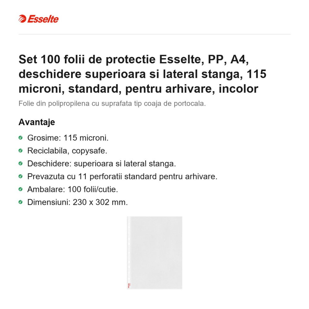 Set 100 folii de protectie Esselte, PP, A4, deschidere superioara si lateral stanga, 115 microni, standard, pentru arhivare, incolor [2]