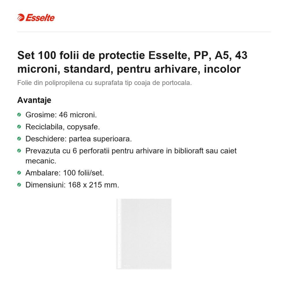 Set 100 folii de protectie Esselte, PP, A5, 43 microni, standard, pentru arhivare, incolor [2]