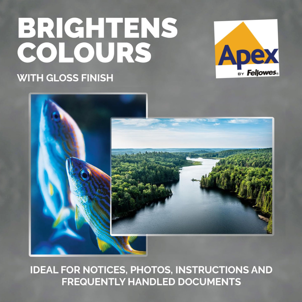 Set 100 folii laminare Fellowes APEX, format A4, 100 microni, finisaj lucios, tratament antistatic, pachet 100 bucati, pentru protectie documente si utilizare standard [4]