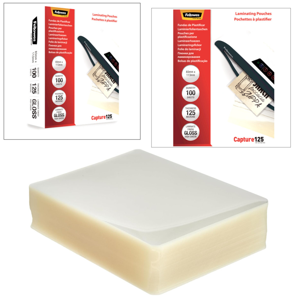 Set 100 folii laminare Fellowes, format 83 x 113 mm, 125 microni, finisaj lucios, pachet 100 bucati, pentru protectie avansata carduri de identitate si vizita [2]