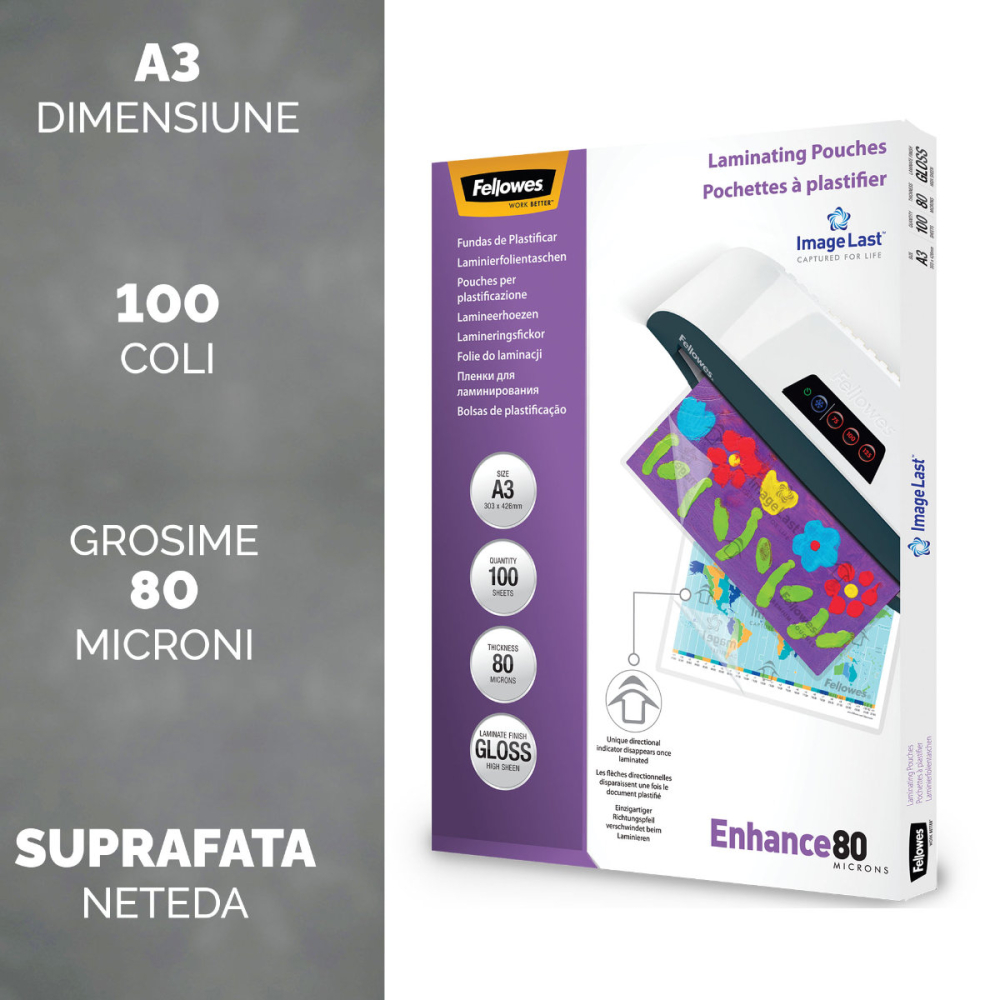 Set 100 folii laminare Fellowes, format A3, 80 microni, finisaj lucios, pachet 100 bucati, pentru protectie documente de dimensiuni mari [2]
