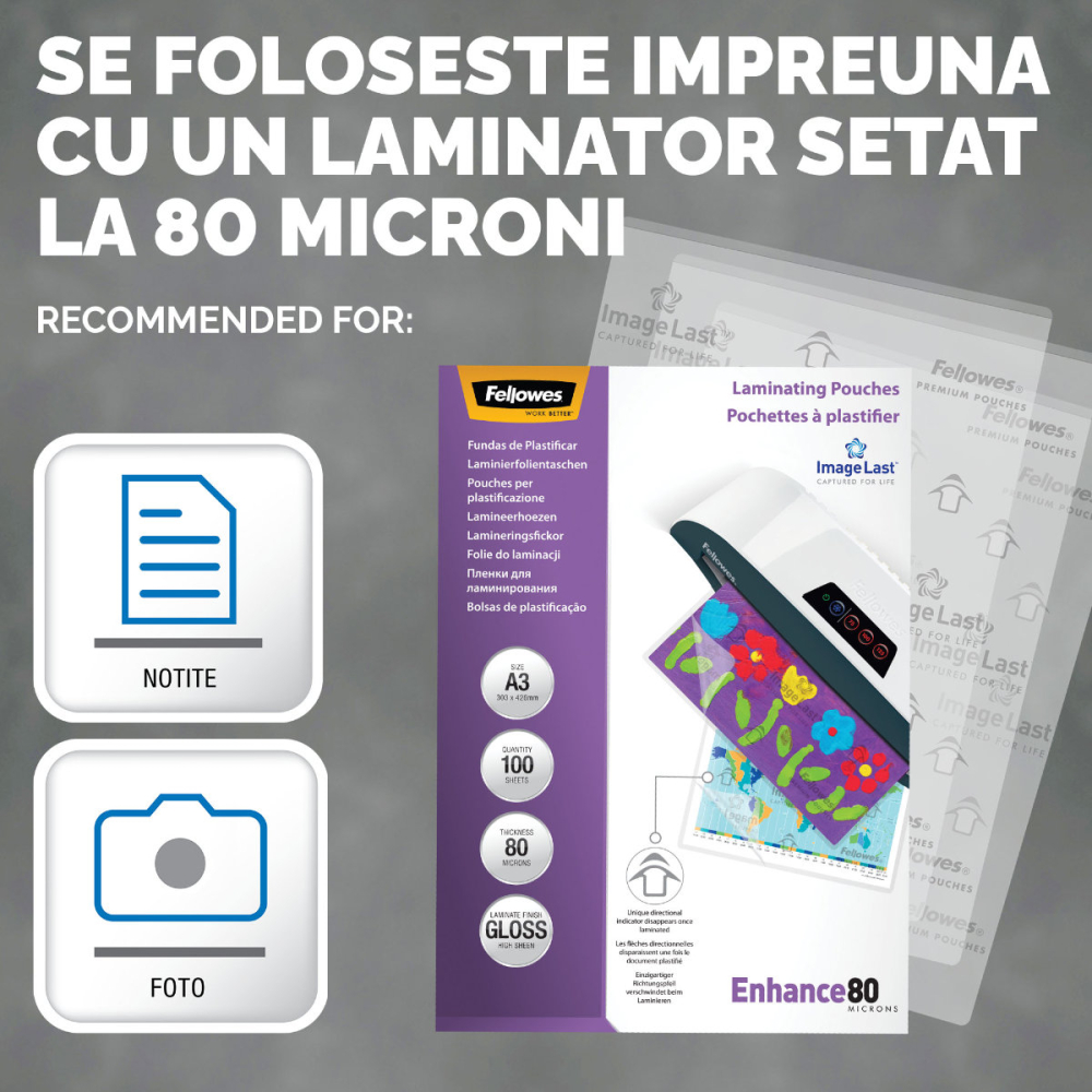 Set 100 folii laminare Fellowes, format A3, 80 microni, finisaj lucios, pachet 100 bucati, pentru protectie documente de dimensiuni mari [3]