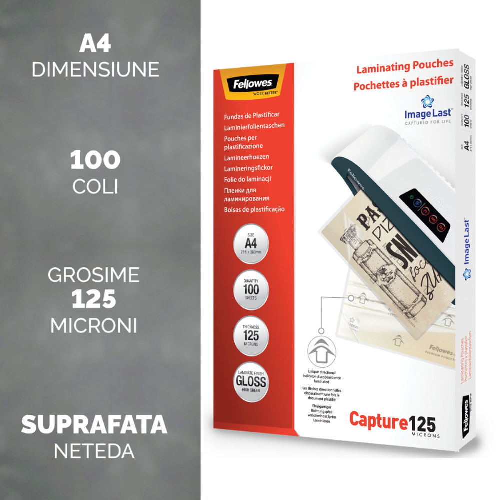 Set 100 folii laminare Fellowes, format A4, 125 microni, finisaj lucios, pachet 100 bucati, pentru protectie avansata documente [2]