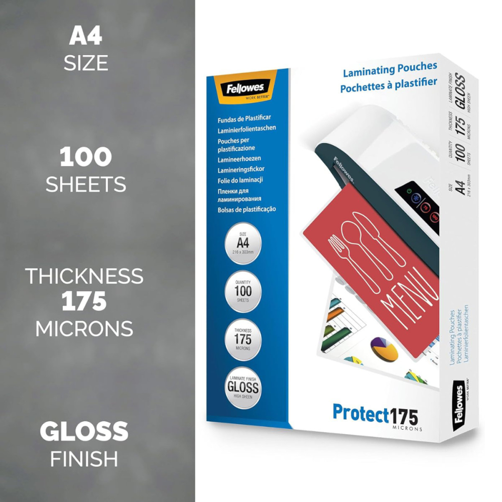 Set 100 folii laminare Fellowes, format A4, 175 microni, finisaj lucios, pachet 100 bucati, pentru protectie premium si utilizare intensiva [2]
