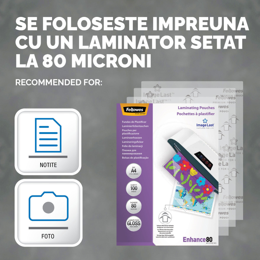 Set 100 folii laminare Fellowes, format A4, 80 microni, finisaj lucios, pachet 100 bucati, pentru protectie de zi cu zi a documentelor [3]