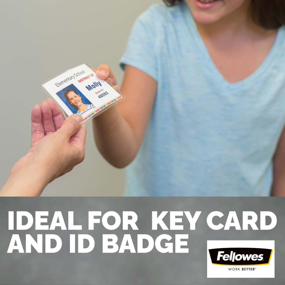 Set 100 folii laminare Fellowes, format card 65 x 95 mm, 125 microni, finisaj lucios, pachet 100 bucati, pentru protectie avansata carduri de identitate si vizita [4]