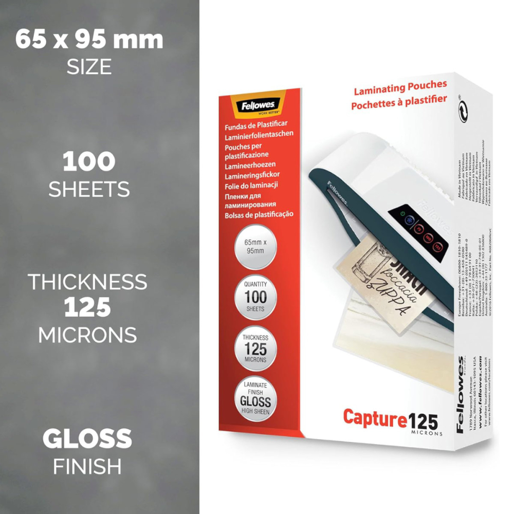 Set 100 folii laminare Fellowes, format card 65 x 95 mm, 125 microni, finisaj lucios, pachet 100 bucati, pentru protectie avansata carduri de identitate si vizita [2]