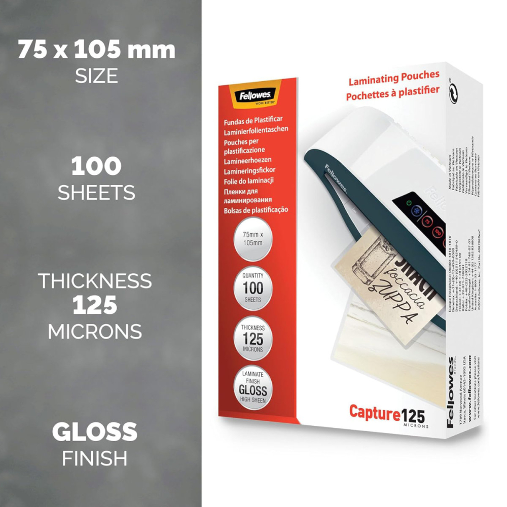 Set 100 folii laminare Fellowes, format card 75 x 105 mm, 125 microni, finisaj lucios, pachet 100 bucati, pentru protectie avansata carduri de identitate si vizita [2]