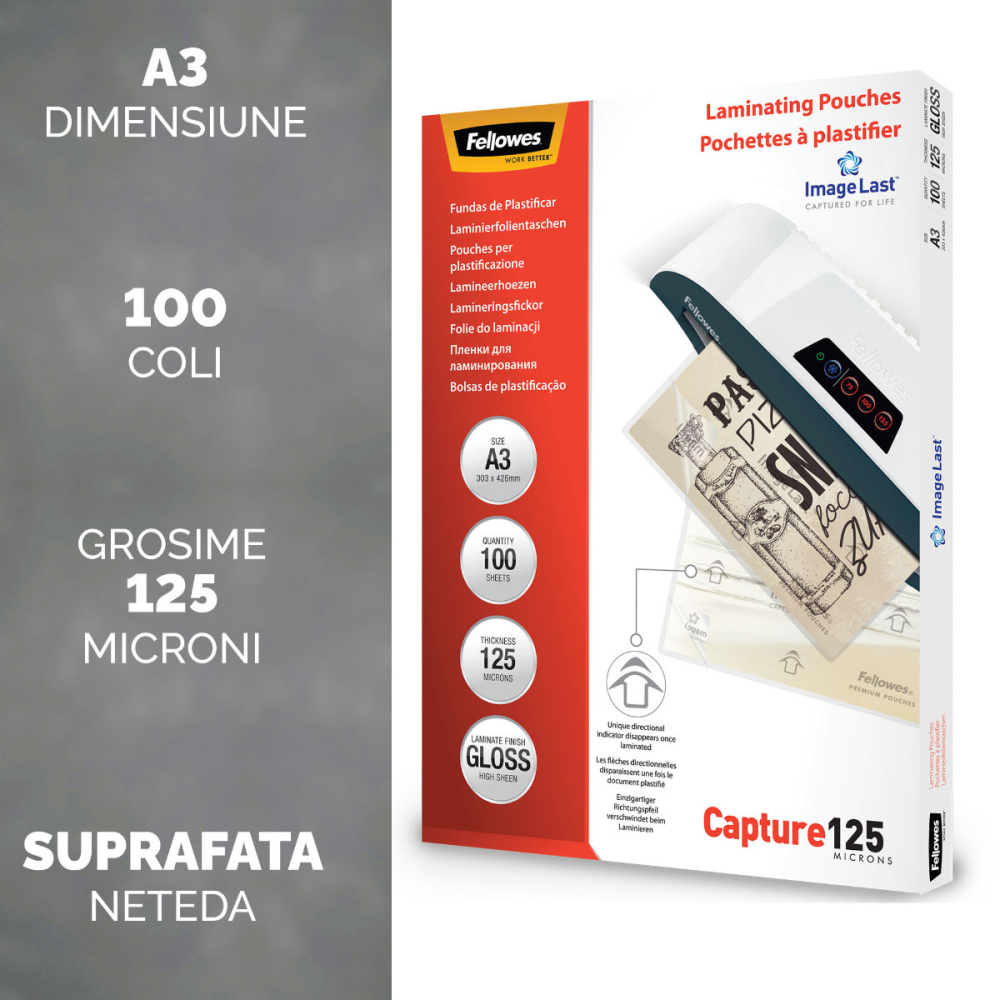 Set 100 folii laminare Fellowes ImageLast, format A3, 125 microni, finisaj lucios, pachet 100 bucati, cu indicator directional pentru utilizare corecta [2]