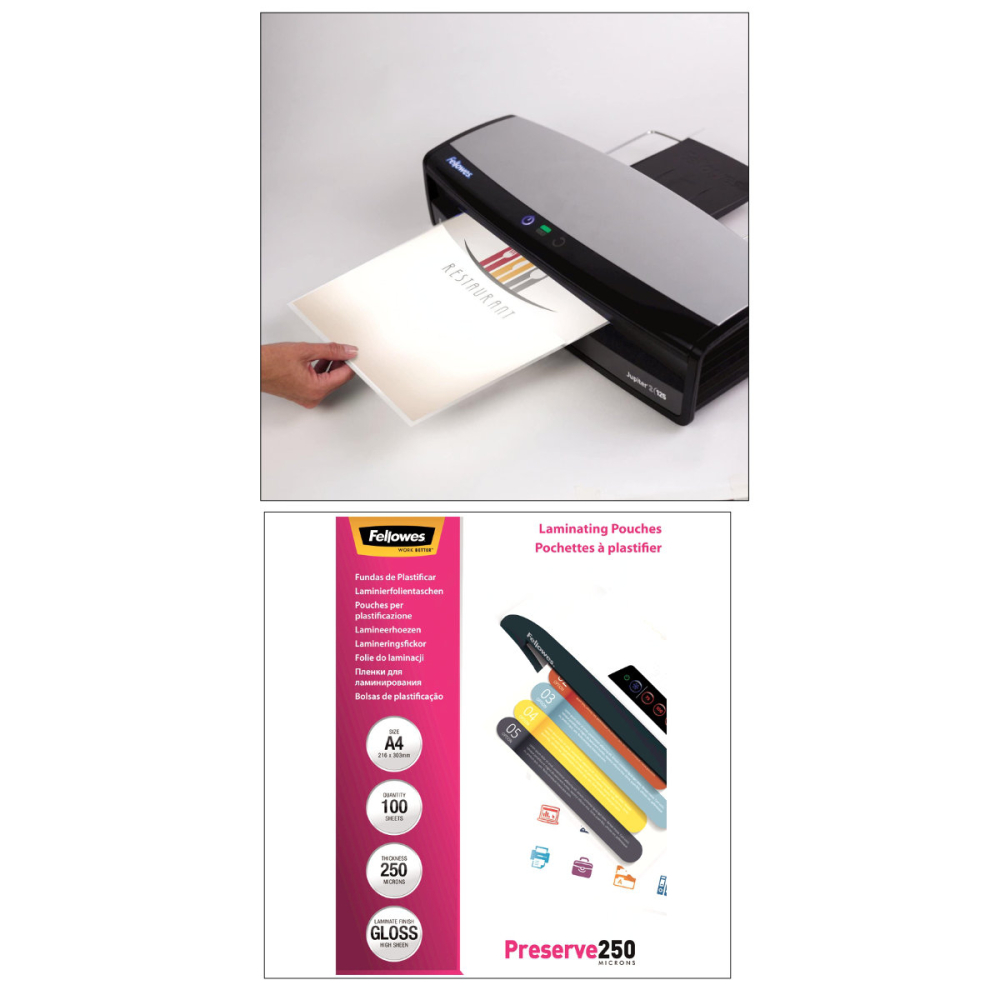 Set 100 folii laminare Fellowes Preserve, format A4, 250 microni, finisaj lucios, pachet 100 bucati, pentru protectie maxima a documentelor expuse la intemperii si utilizare intensiva [3]