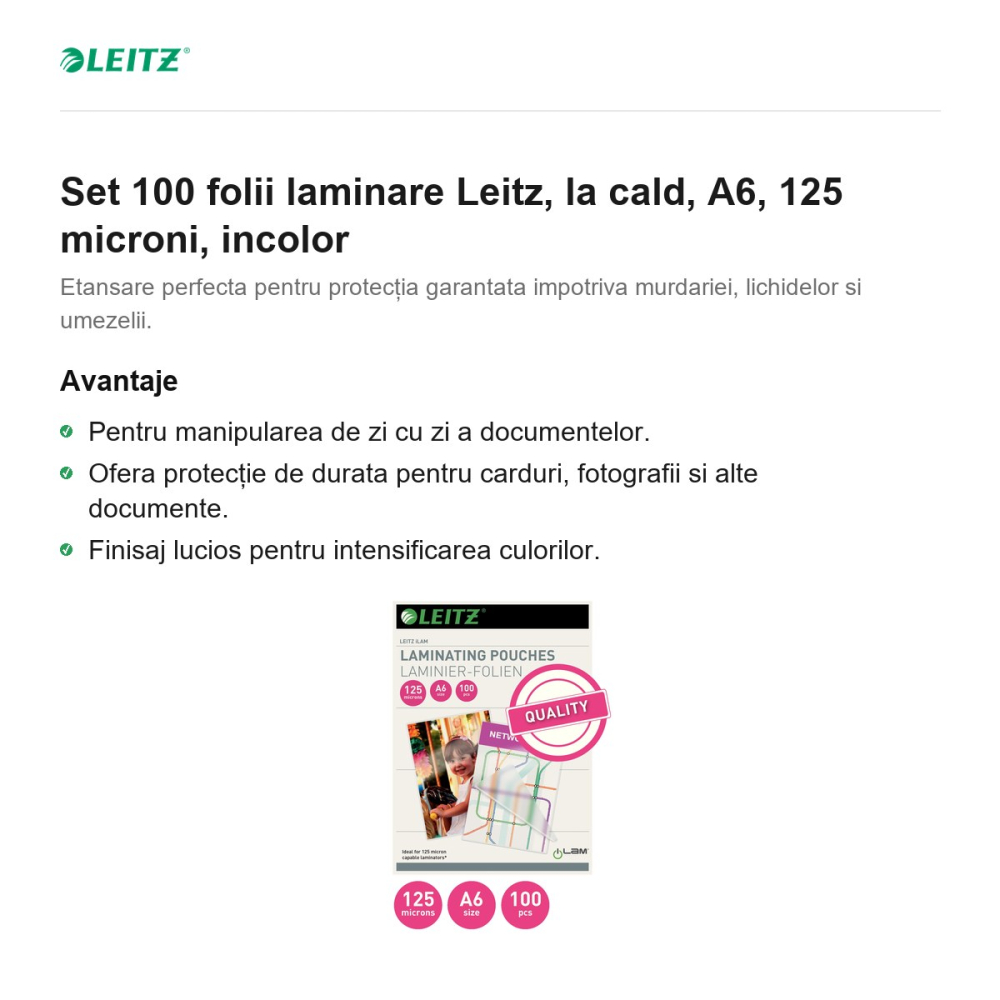 Set 100 folii laminare Leitz, la cald, A6, 125 microni, incolor [2]
