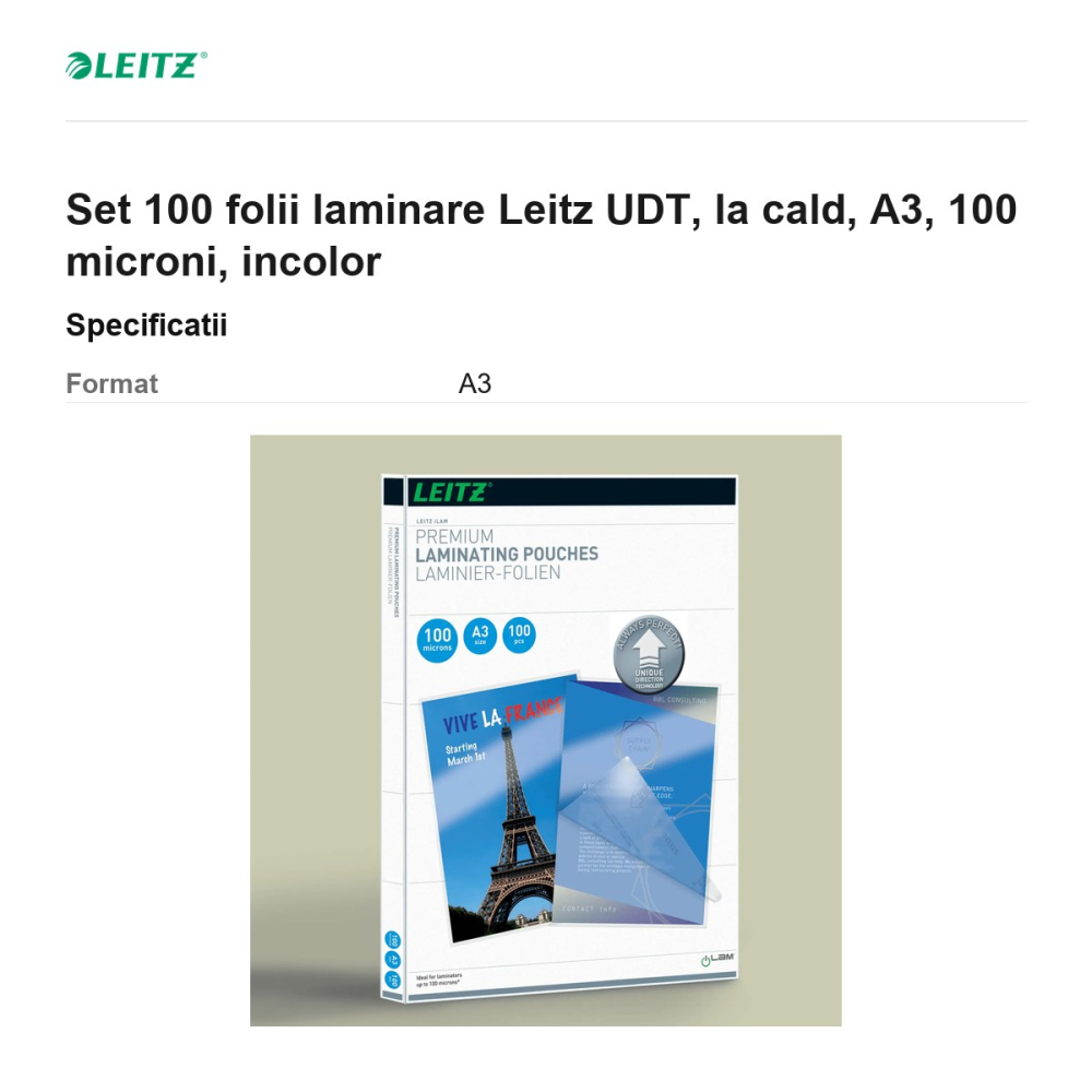 Set 100 folii laminare Leitz UDT, la cald, A3, 100 microni, incolor [3]