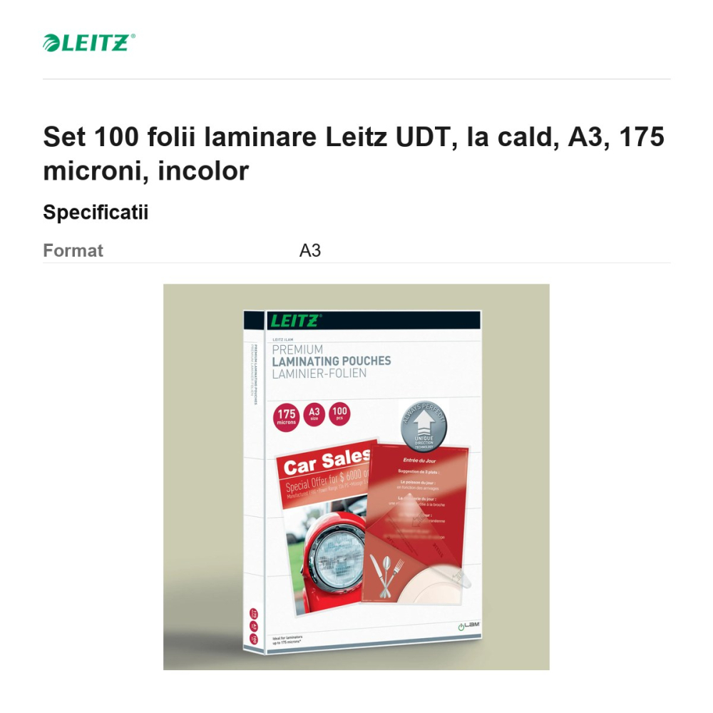 Set 100 folii laminare Leitz UDT, la cald, A3, 175 microni, incolor [3]
