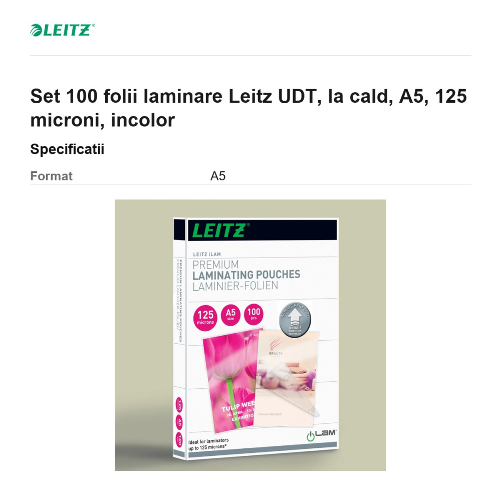 Set 100 folii laminare Leitz UDT, la cald, A5, 125 microni, incolor [3]